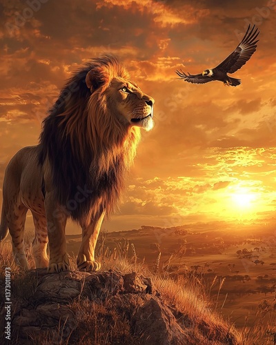 A majestic lion gazes thoughtfully into the distance as the sun sets behind him, casting a golden light across the rolling landscape, symbolizing strength and serenity in the wild.