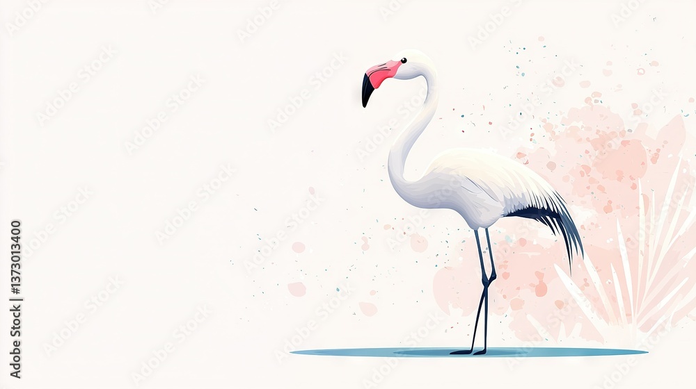 Fototapeta premium A white flamingo with a red beak on a pink-white background with splashes