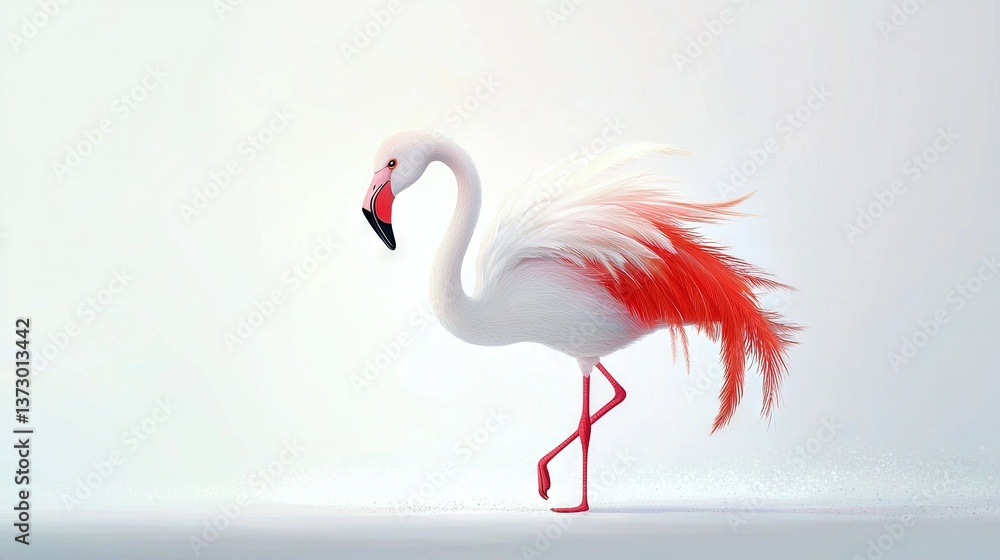 Fototapeta premium A pink and white flamingo standing on its hind legs, with its head turned to the side against a white backdrop
