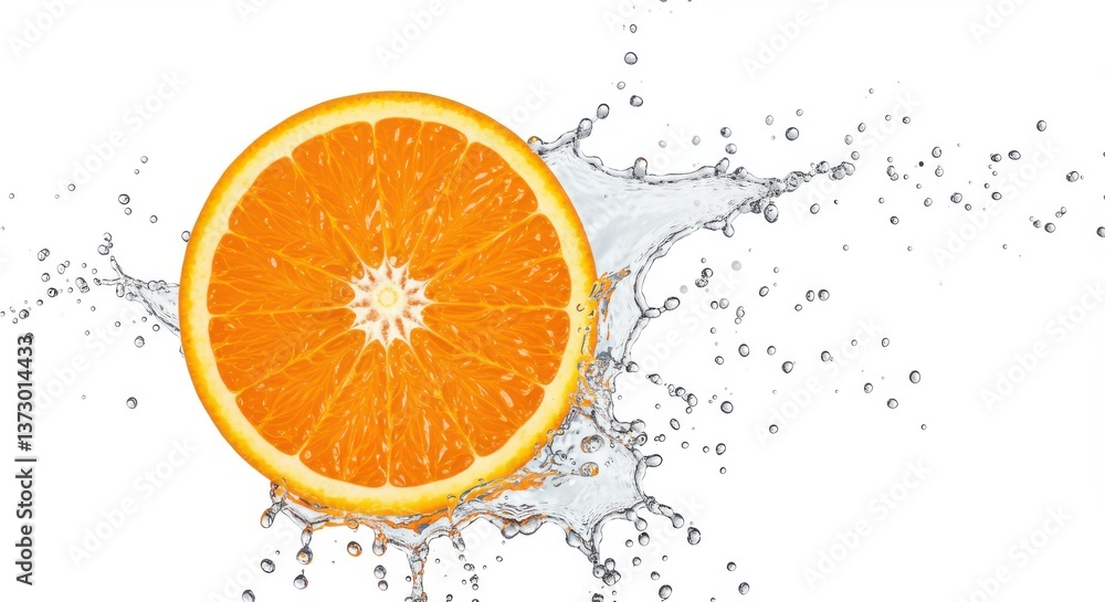 A vibrant orange slice surrounded by a splash of water on a clean white background image capture A vibrant orange slice surrounded by a splash of water on a clean white background image capture