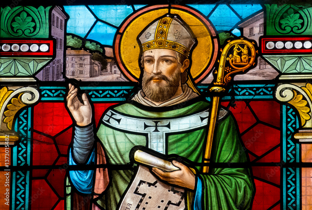 Obraz premium Stained glass (1912) of Saint Thibaut. Catholic Saint.