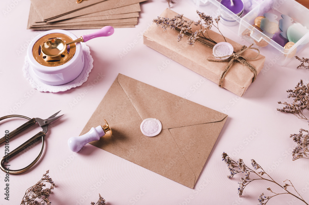 Craft envelope with wax seal and crafting items on pink