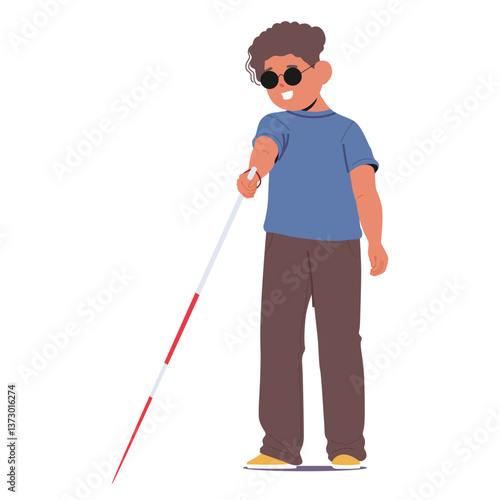 Blind boy inclusive child cartoon character wearing black eyeglasses walking with cane stick