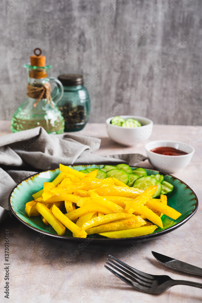 Appetizing French fries and cucumber slices on a plate on the table vertical view
