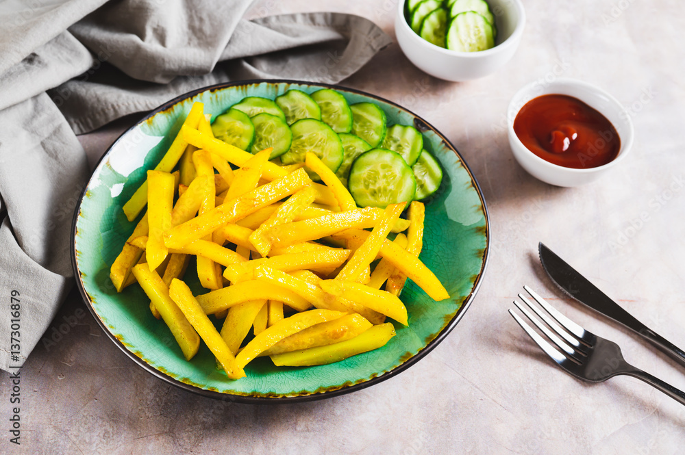 A plate of delicious French fries with cucumber and ketchup on the table