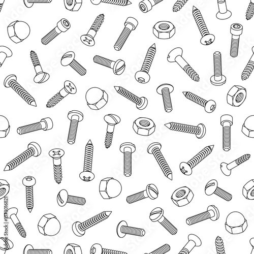 Seamless Pattern of Screws, Bolts and Nuts in Outline Style Over White Background
