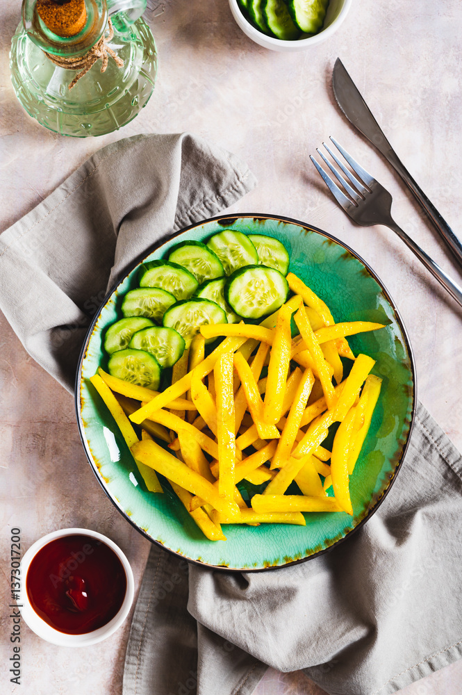 A plate of delicious French fries with cucumber and ketchup top and vertical view
