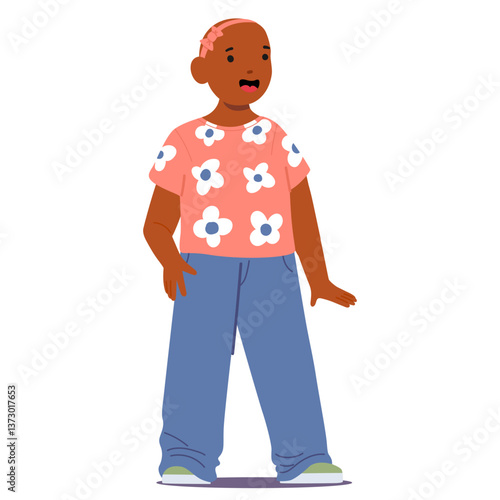 Bald girl cute inclusive child cartoon character with cancer after chemotherapy isolated on white