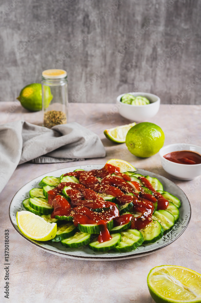 Mexican spicy cucumbers with chili sauce and lime on a plate on the table vertical view