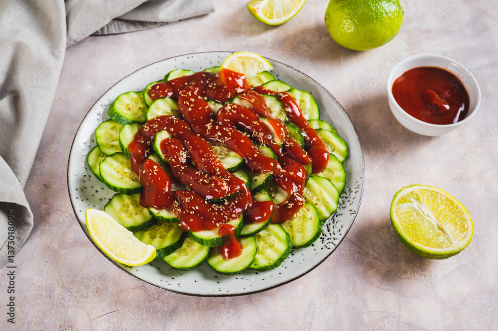 Delicious cucumbers with chili pepper and lime on a plate on the table