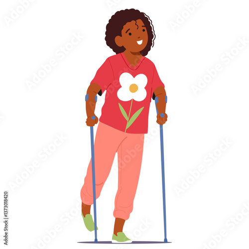Little girl inclusive child cartoon character having problem with leg using crutches to move