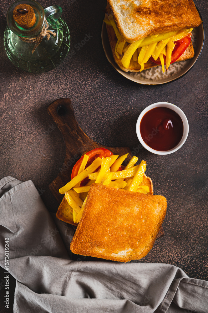 Crispy sandwich with french fries and tomato on a board on a table top and vertical view