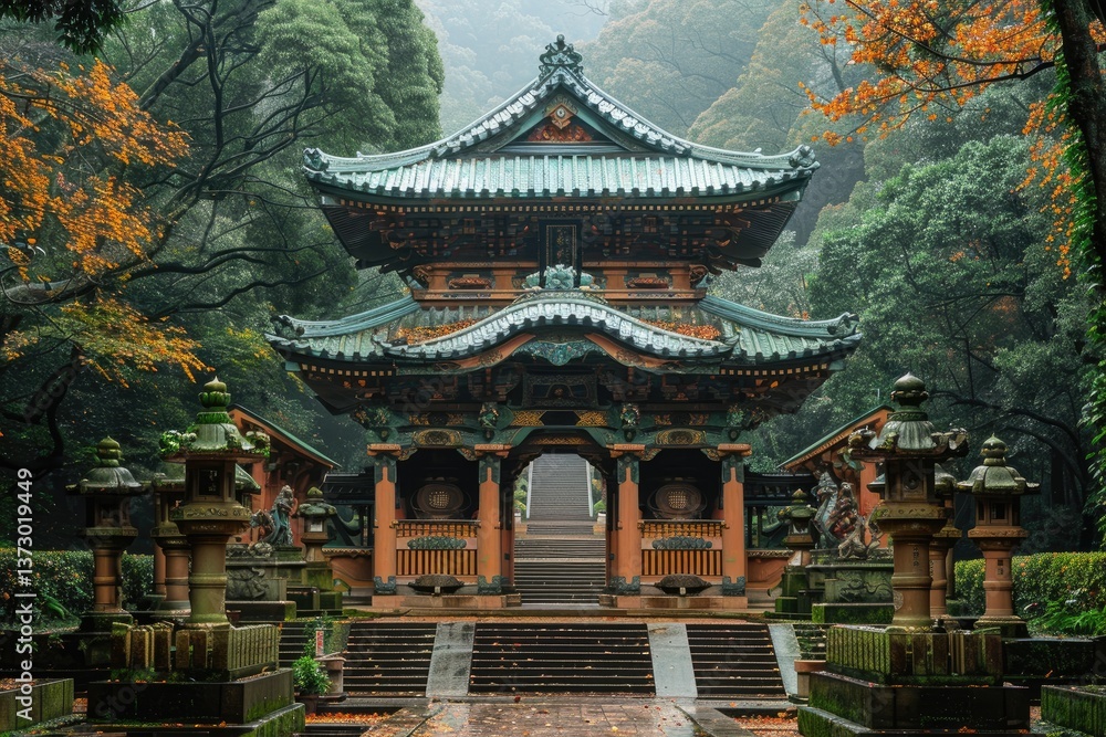 A large ornately decorated gate stands in a misty forested area A large ornately decorated gate stands in a misty forested area