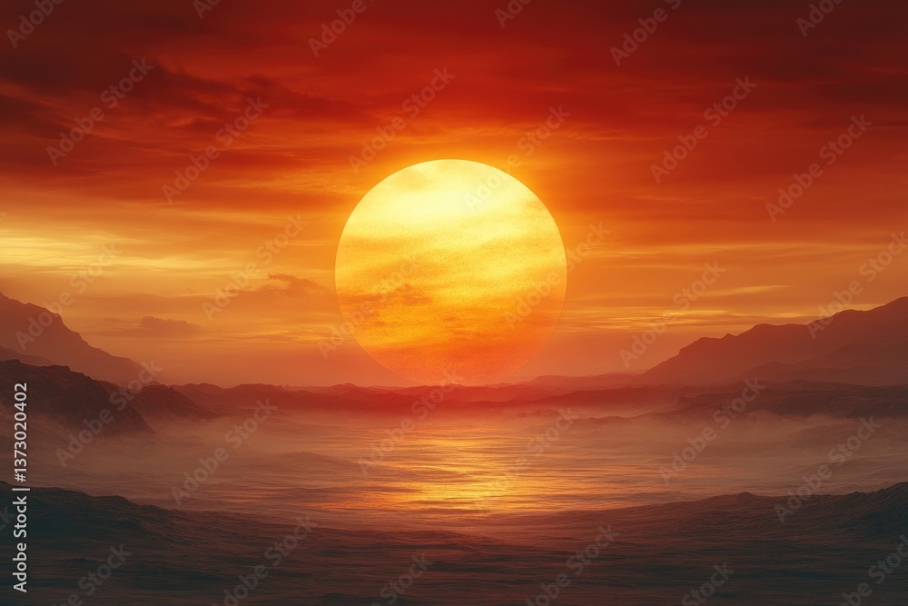 A large sun setting over a hazy ocean with mountains in view A large sun setting over a hazy ocean with mountains in view