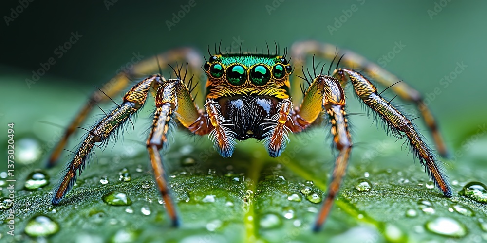 Jumping Spider on Dewy Leaf. Jumping Spider on Dewy Leaf.