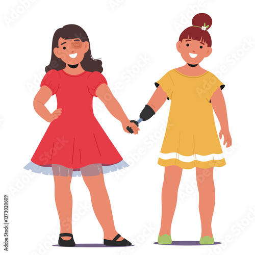 Pretty happy girls friends inclusive children cartoon characters standing together holding hands