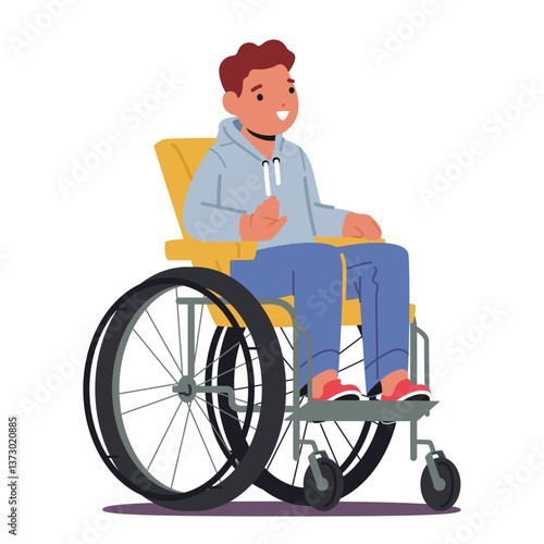 Positive preteen boy inclusive child cartoon character in wheelchair isolated on white background