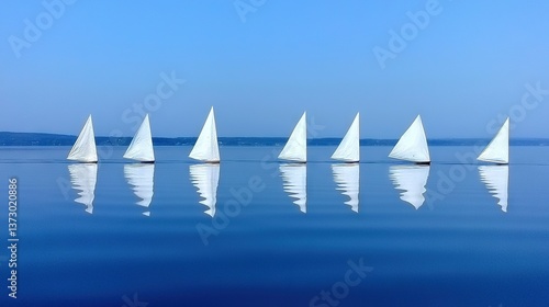   A flotilla of sailboats gracefully glides atop a vast expanse of water, framed by a stunning azure sky