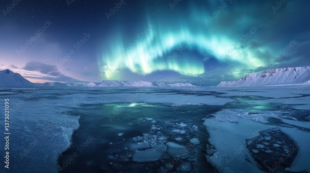 Fototapeta premium Spectacular Aurora Borealis Display Over Frozen Landscape with Icy Reflections