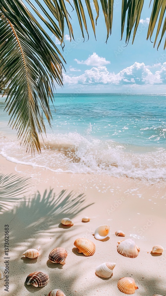 Obraz premium This picturesque image showcases a sunny beach scene adorned with seashells and palm fronds swaying above, evoking a sense of relaxation, vacation vibes, and natural beauty.