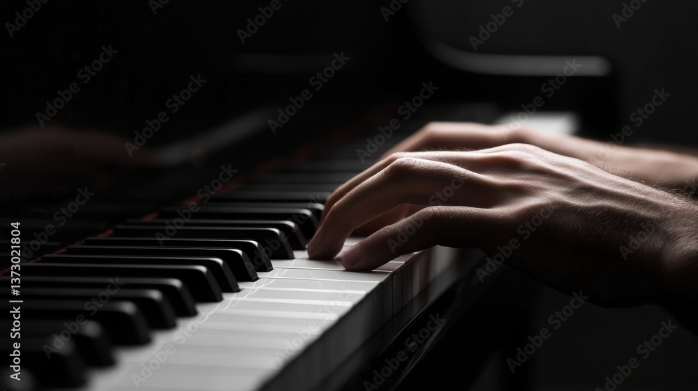 Obraz premium AClose-up of pianist’s hands playing grand piano under soft warm lighting, capturing elegant movement and musical passion in a cozy low-light performance scene.