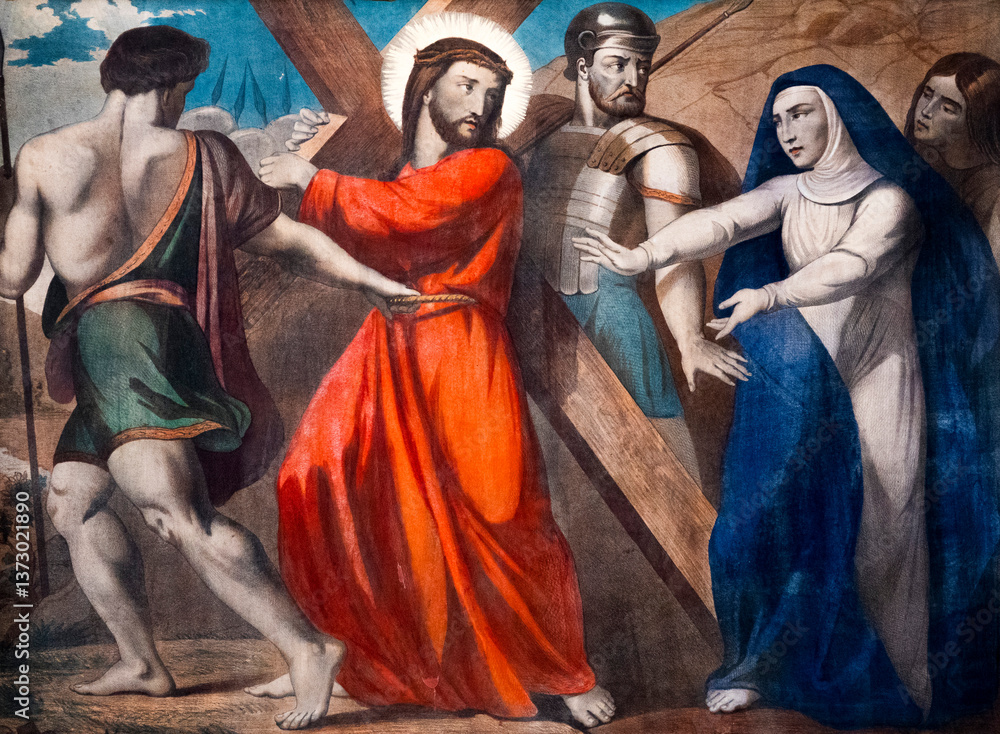 Fototapeta premium Painting (early 20th century) of The Way of the Cross. Fourth station: Jesus meets his Blessed Mother.