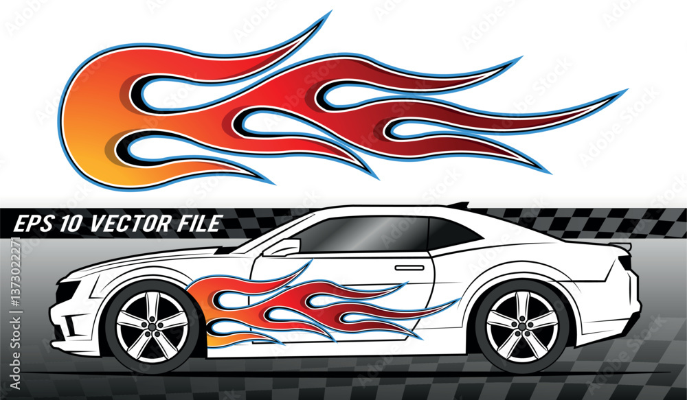 Fototapeta premium Vector fire flames race car decal graphic. Burning tire flame sports car body side vinyl decal. Side speed decoration for cars, auto, truck, boat, suv, motorcycle.