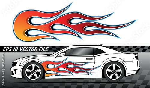 Vector fire flames race car decal graphic. Burning tire flame sports car body side vinyl decal. Side speed decoration for cars, auto, truck, boat, suv, motorcycle.