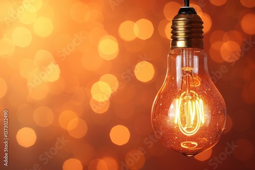 A lit up vintage light bulb hanging in front of bokeh lights