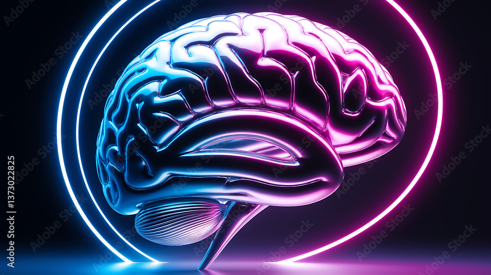 Obraz premium Neon Brain: A 3D Render of a Reflective Human Brain