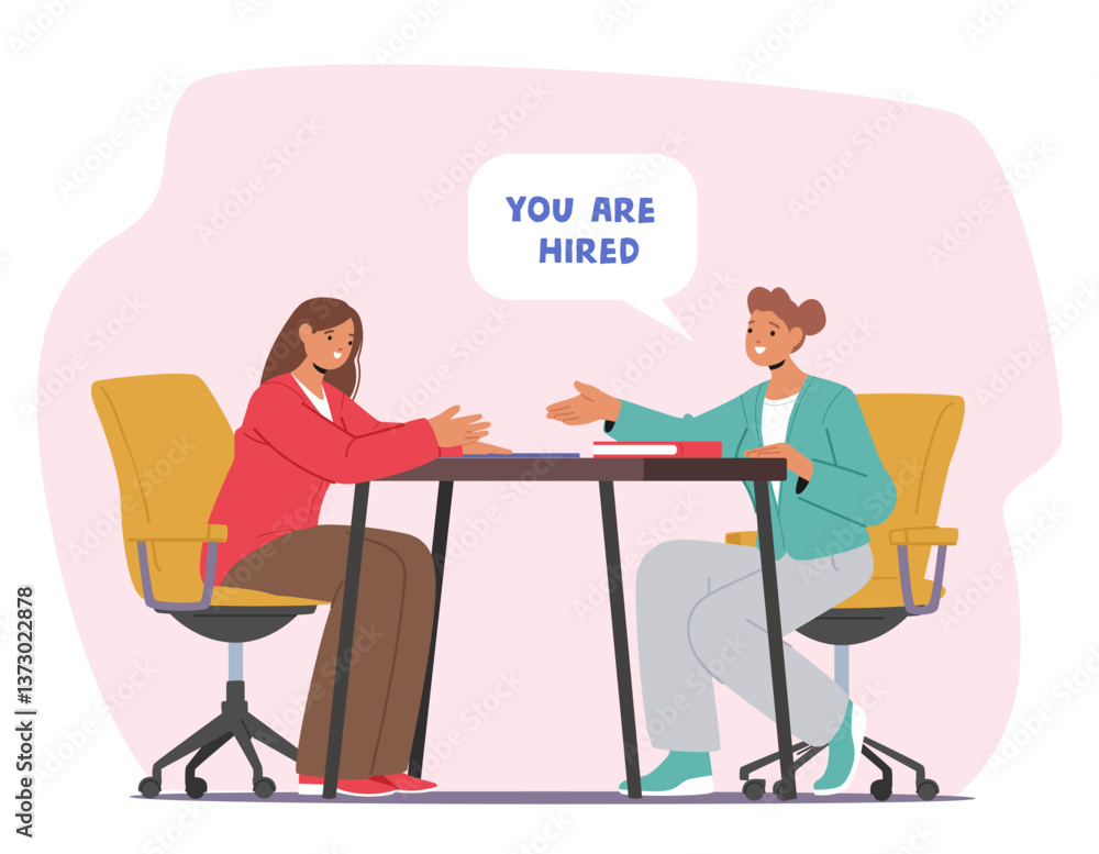 Professional HR manager congratulating candidate on successfully passing job interview cartoon scene Professional HR manager congratulating candidate on successfully passing job interview cartoon scene