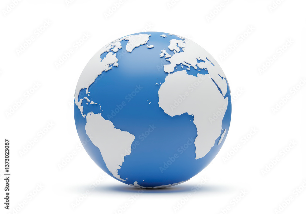 Blue Earth Globe on White Background Shows World Continents Detail Blue Earth Globe on White Background Shows World Continents Detail