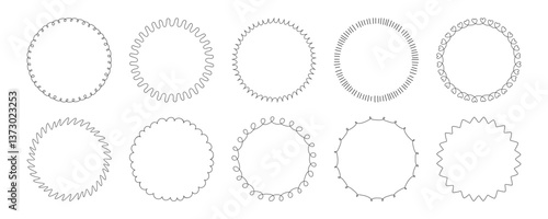 Circle Doodle hand drawn Black line frame Set. Simple round borders with sketchy scribble edge. Template for invitation, card, scrapbook, hand made product label, social media, education design