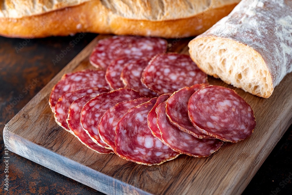 Cured meat slices are neatly arranged on a wooden board next to a rustic loaf of bread. The setting captures the essence of charcuterie, perfect for gatherings