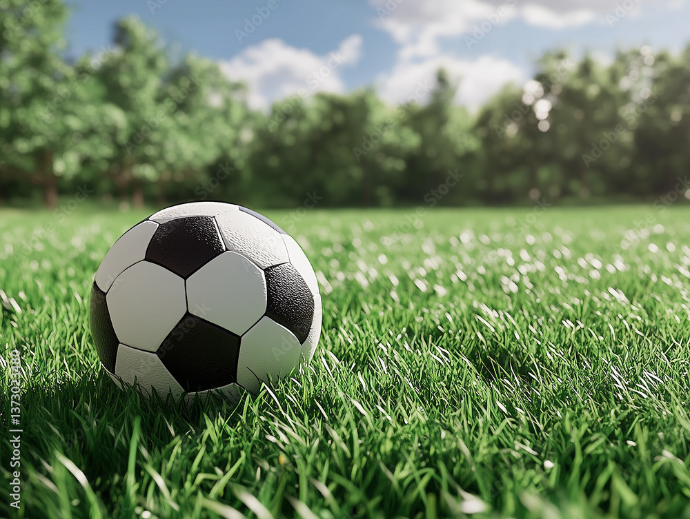 Fototapeta premium Classic Soccer Ball on Green Grass in the ParkSunlit Football Field with Soccer Ball Close-Up