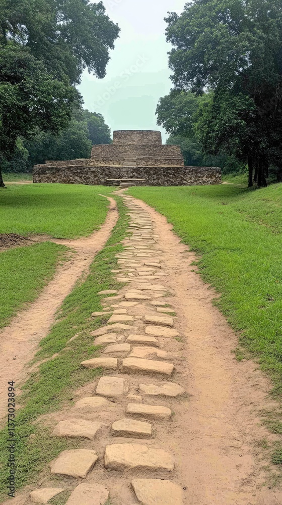 Stone path leads to ancient pyramid-like structure surrounded by trees in a serene landscape Stone path leads to ancient pyramid-like structure surrounded by trees in a serene landscape