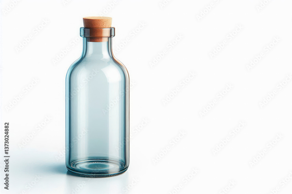 Glass bottle with cork on light background. Space for text. Glass bottle with cork on light background. Space for text.