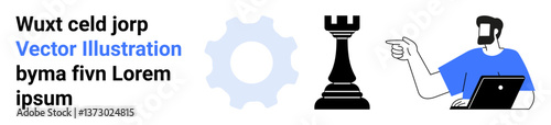 Chess rook, gear icon, person pointing while working on laptop. Ideal for strategy, teamwork, planning, decision-making, innovation leadership business. Flat landing page banner