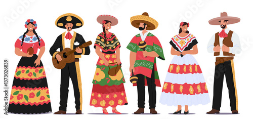 Mexican people musicians and dancers cartoon characters wearing traditional costumes isolated set
