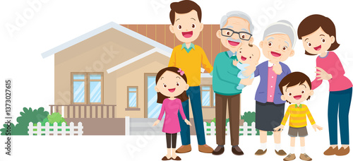 family and home.Happy family in front of their house.Father, mother, son and daughter grandparent outdoors.