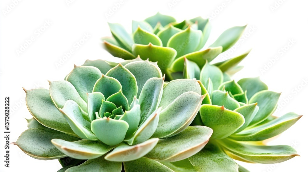 Close up photograph of several green succulents plants against white background Close up photograph of several green succulents plants against white background