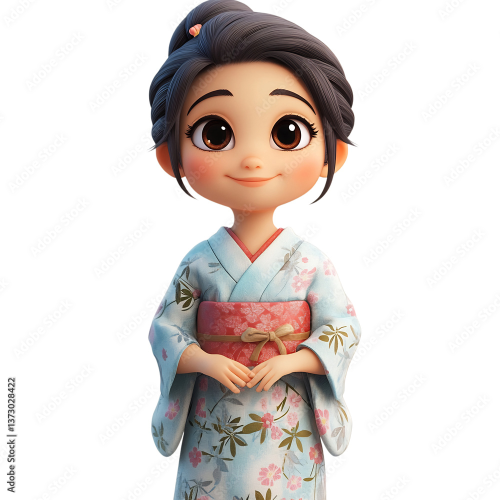 3D Character of a Woman in a Kimono Smiling Isolated on Transparent Background 3D Character of a Woman in a Kimono Smiling Isolated on Transparent Background