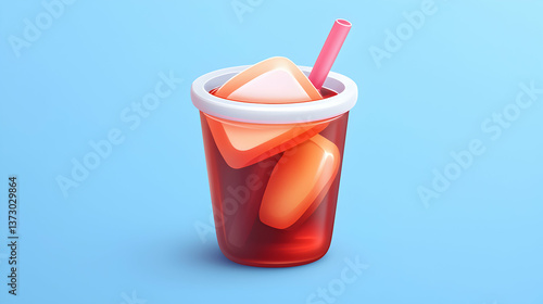 Red Drink with Ice in a Plastic Cup on a Blue Background