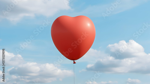 Red Heart Shaped Balloon Floating in a Blue Sky with White Clouds