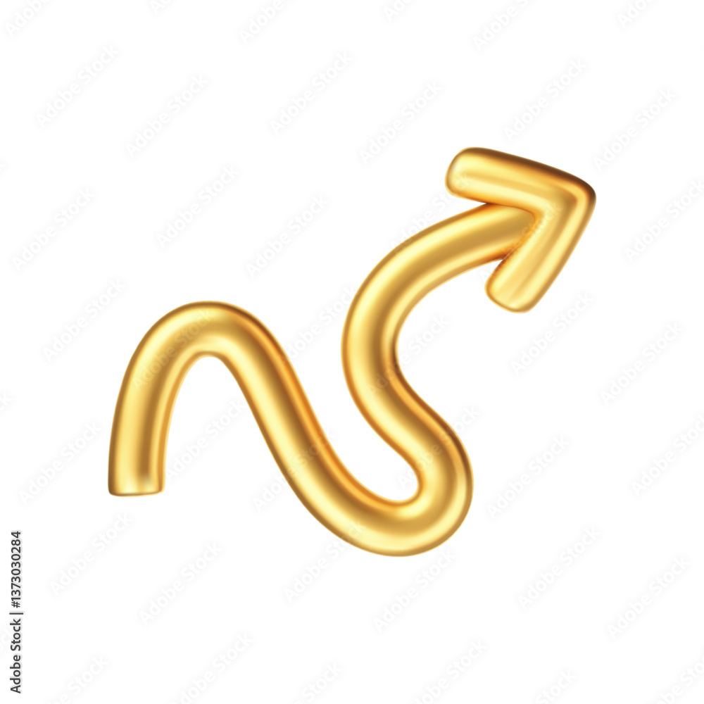 3D gold doodle arrow in Y2K style, isolated on a white background. Render of 3D golden liquid curve and swirl arrow, rotating up, down, and right with a metal shine effect. 3D vector Y2K figure 3D gold doodle arrow in Y2K style, isolated on a white background. Render of 3D golden liquid curve and swirl arrow, rotating up, down, and right with a metal shine effect. 3D vector Y2K figure