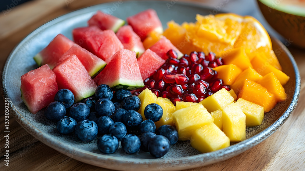 A fresh fruit selection with watermelon cubes, pomegranate seeds, orange slices, papaya, and blueberries, served on a ceramic plate. A fresh fruit selection with watermelon cubes, pomegranate seeds, orange slices, papaya, and blueberries, served on a ceramic plate.