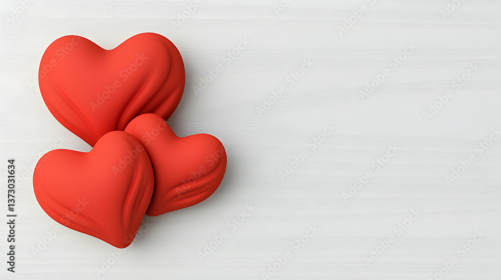 Fototapeta premium Three Red Hearts on White Wooden Background
