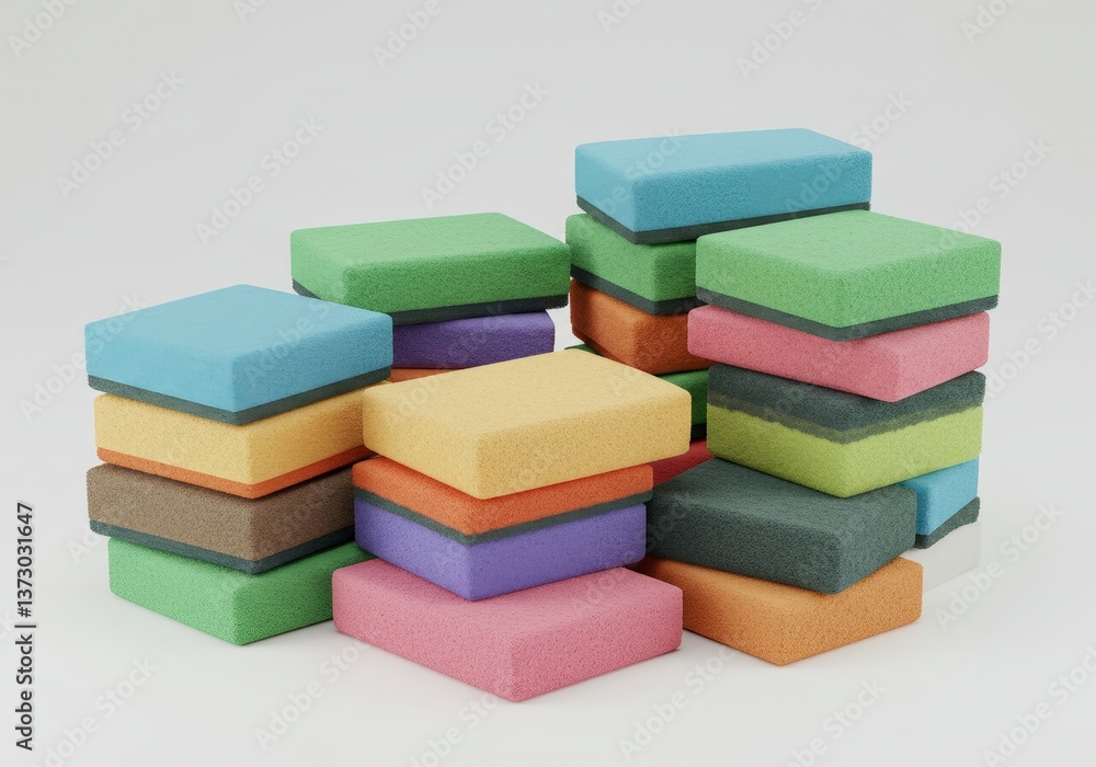 Obraz premium Stacked Colorful Sponges for Cleaning or Washing in Studio Shot