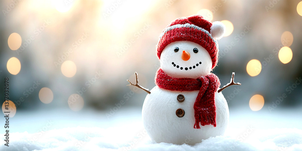 Fototapeta premium Cheerful snowman wearing a red hat and scarf in snowy surroundings 