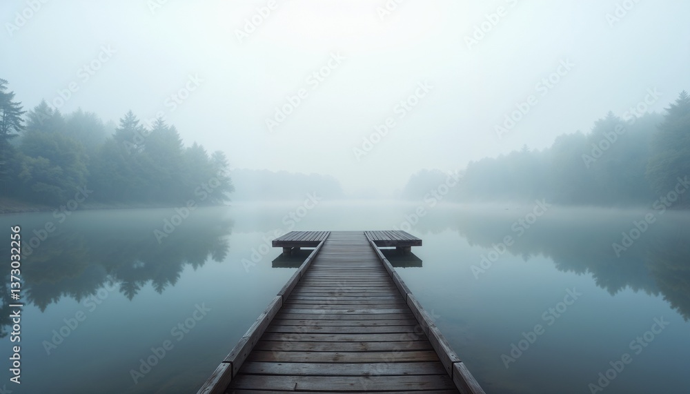 Naklejka premium Misty lake with wooden pier surrounded by foggy trees